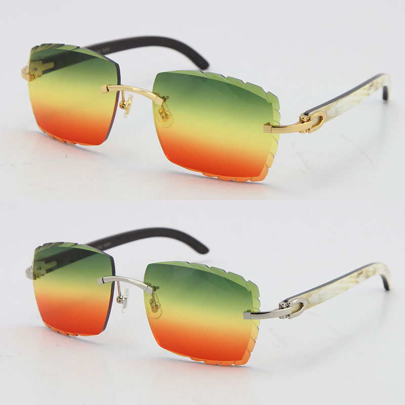 

Selling Rimless Fashion luxury designer Sunglasses Original White Mix Black Buffalo Horn diamond cut Lens glasses male and female gold metal frame Adumbral