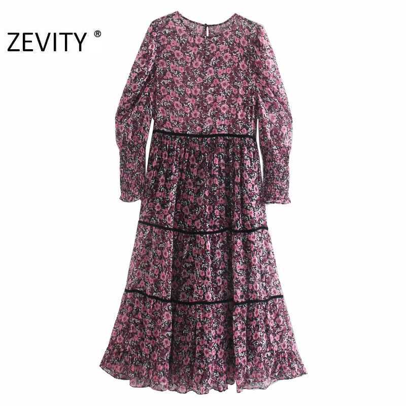 

Zevity Women Vintage O Neck Flower Print Patchwork Chiffon Midi Dress Female Pleats Puff Sleeve Casual Slim Party Vestido DS4606 210603, As pic ds4606ww