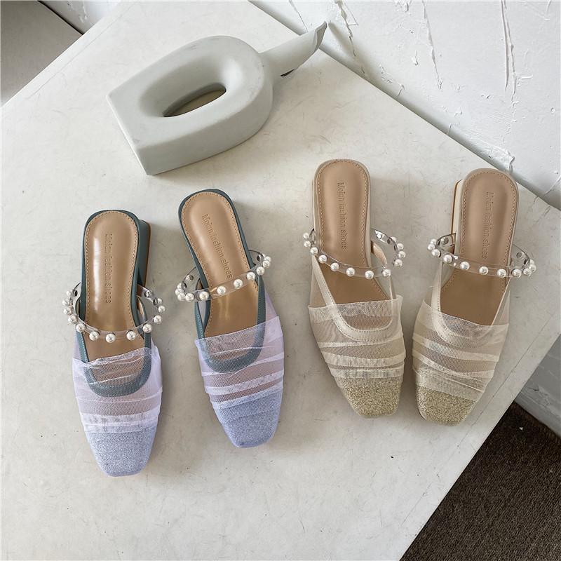 

Shoes Ladies' Slippers String Bead Low Square Heel Luxury Slides Cover Toe Soft Block Designer Casual Fabric Basic Scandals Rubb, Black