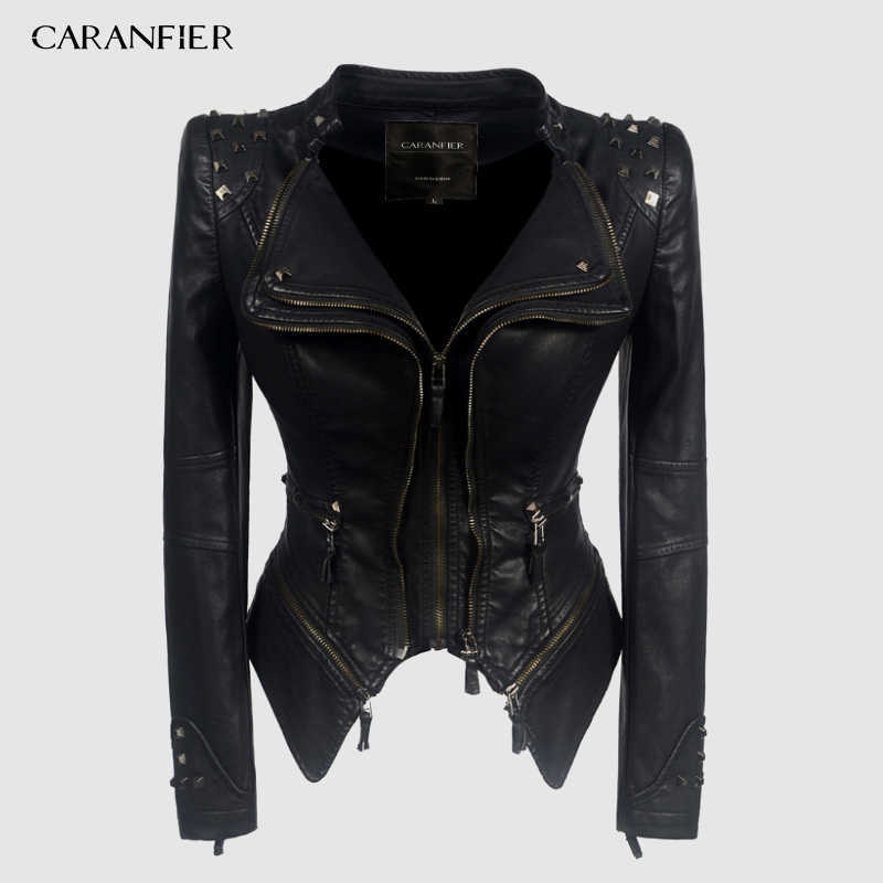 CARANFIER Jacket Women Faux Leather PU Jacket Winter Autumn Black Motorcycle Jacket Outerwear Gothic Faux leather Coat Chaqueta 210909