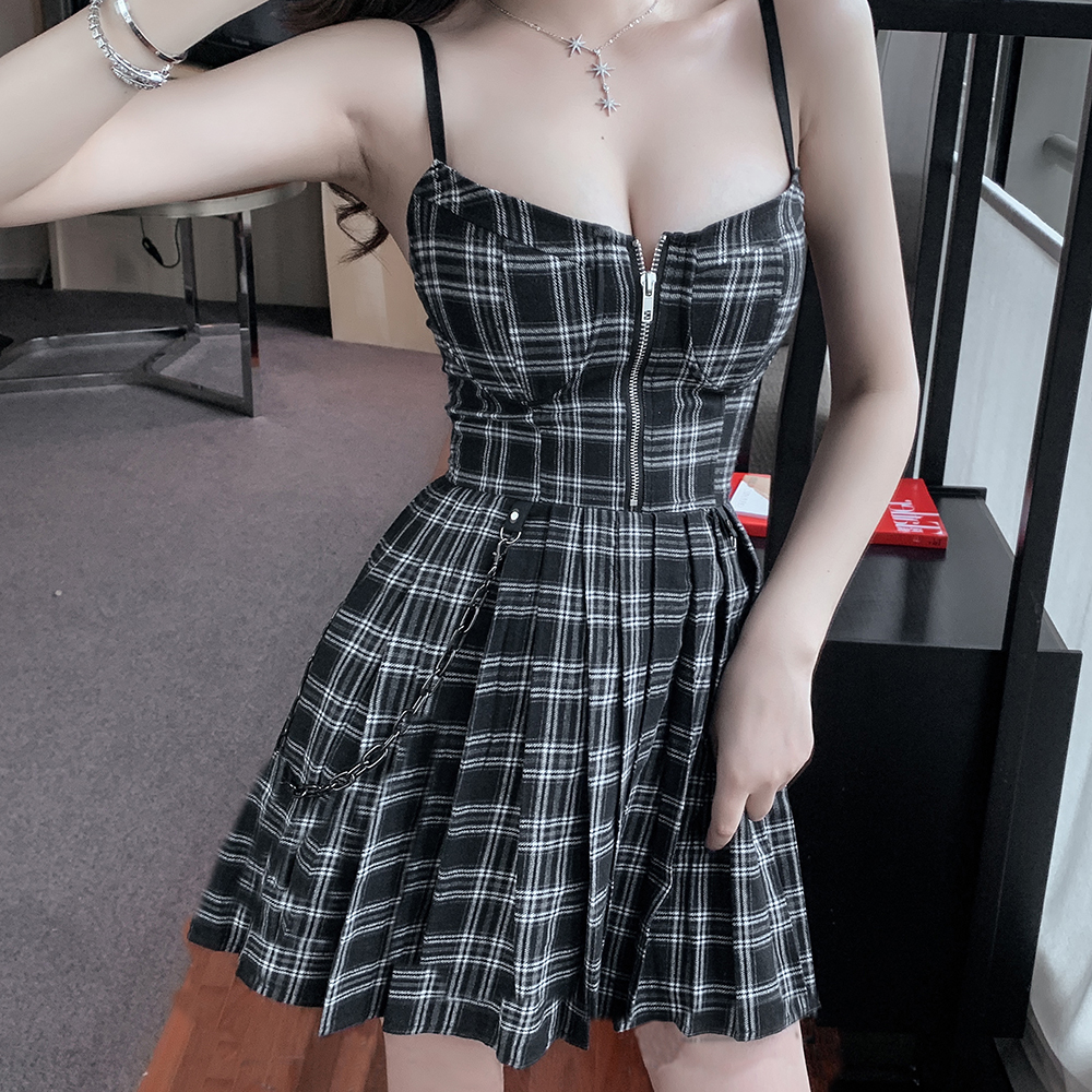 

2021Gothic Girls Plaid Pleated Punk Dress Preppy Style Red Black Spaghetti Strap Sexy Sleeveless Mini Short Dresses Goth Streetwear, Black plaid