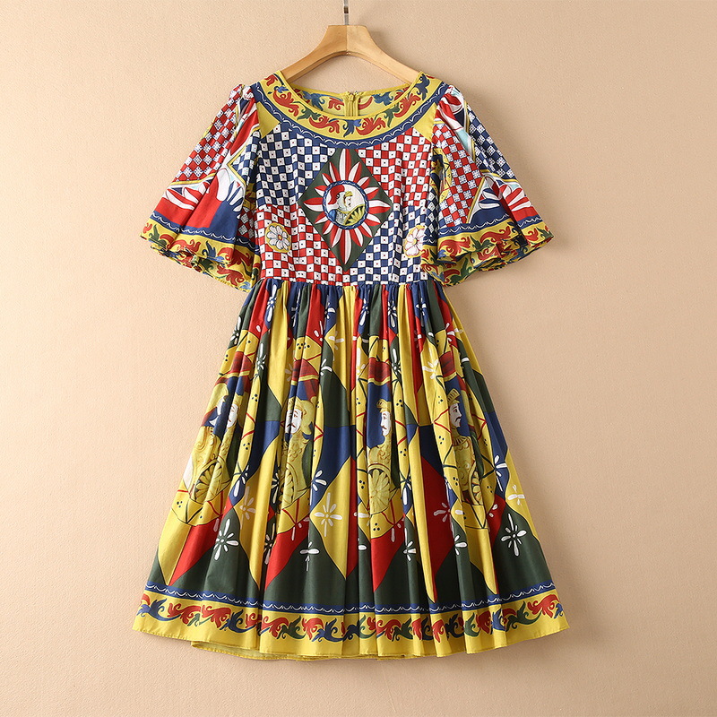 

European and American women' autumn 2021 new Short sleeve and flared sleeve vintage print Fashion pleated cotton dress, Multi
