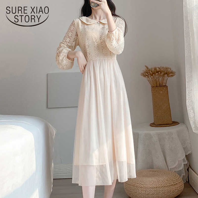 

Solid Vintage Puff Sleeve Party Dress Fashion Spring Mesh Dress Women High Waist Peter Pan Collar Long Dresses 12913 210527, Apricot