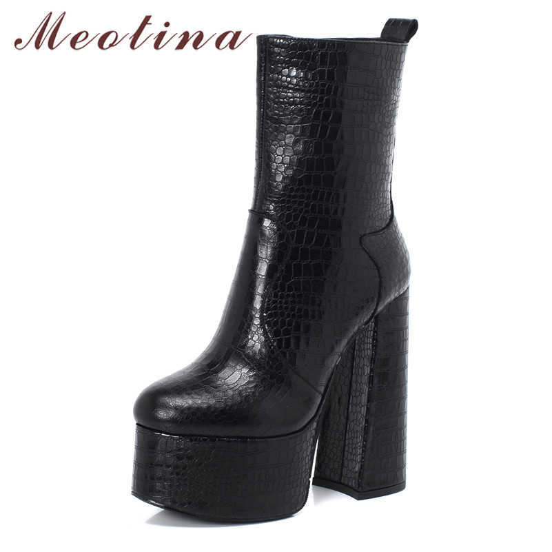 

Meotina Winter Ankle Boots Women Natural Genuine Leather Platform Thick Heel Short Boots Zip Super High Heel Shoes Lady Fall 39 210608, Black pigskin lining