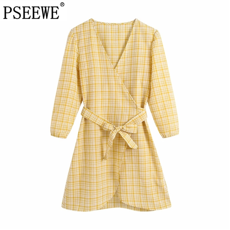 

Yellow Plaid Wrap Mini Dress Women Spring Fashion Belt Puff Sleeve Woman Chic Cottagecore Casual es 210519