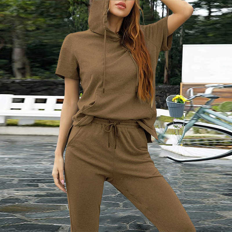 

Women' Suits Pocket Hooded T-shirt Casual Sports Short Sleeve Tshirt Drawstring Trousers Two Piece Sets Spring Summer 210709, Black