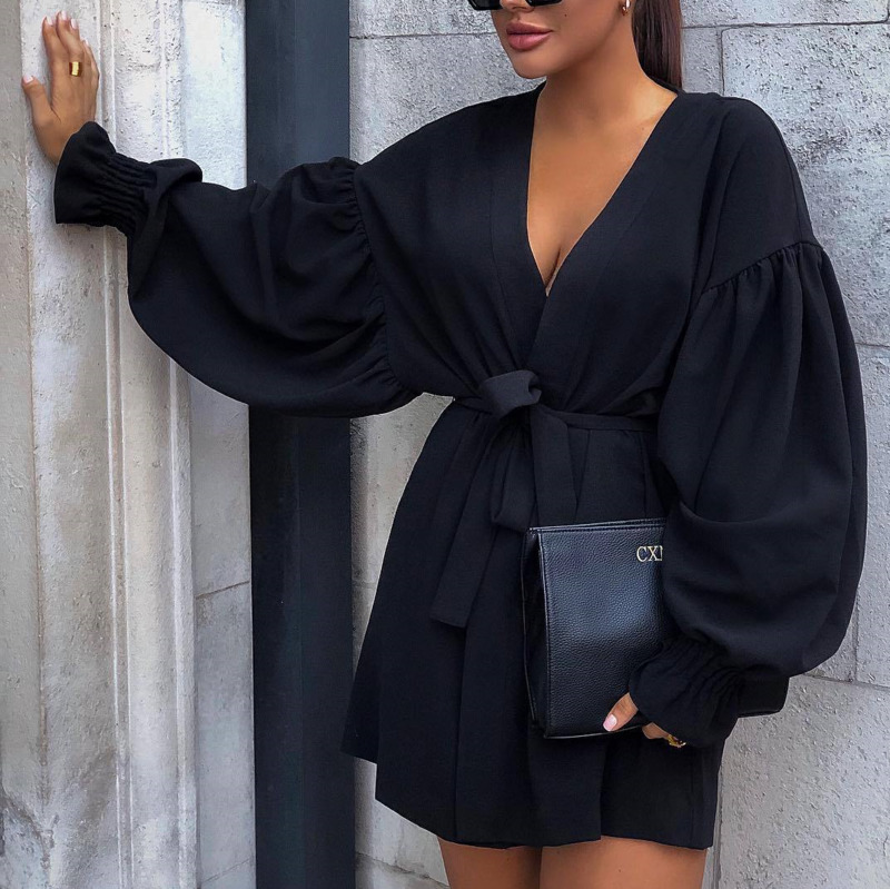 

Fall Sexy Long Puff Sleeve V Neck Bandage High Waist Black Short Mini Dress Women MG160 210525