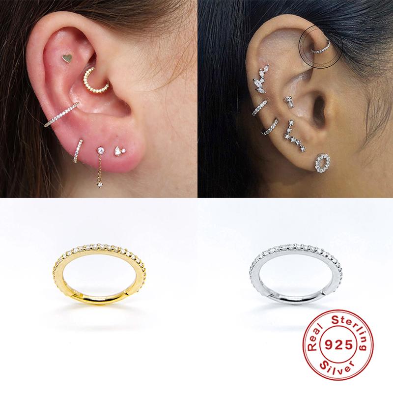 

Woman Earrings 925 Sterling Silver Huggies Pendientes Bling Crystal Cartilage Hoop Earring Ear Bone Earlobe Piercing Buckle & Huggie