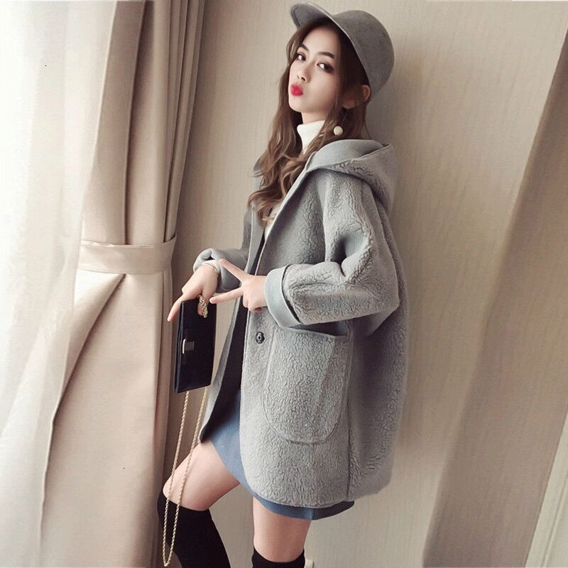 

Dresses hair Casual Lamb hooded woolen large women' medium long lazy style fat mm thick coat, Black