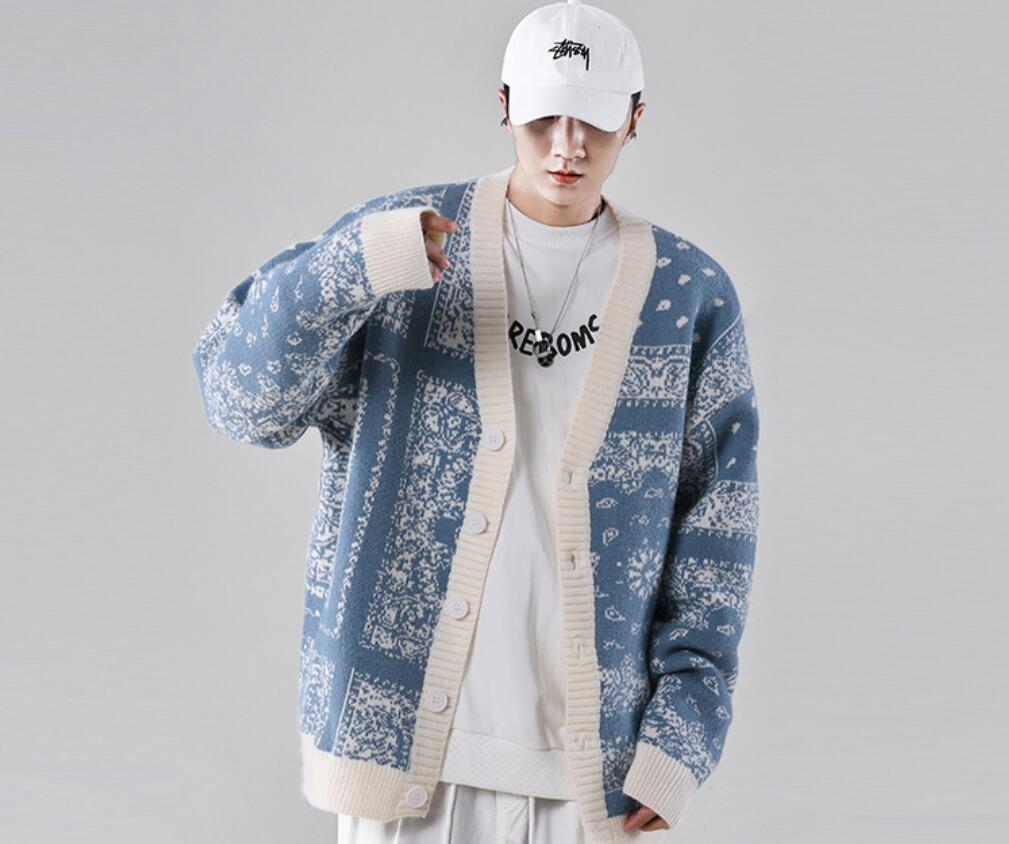 

Japanese cardigan sweater men's and women's fashion brand autumn and winter 2021 fashion brand cashew nut flower loose Korean sweater coat, W1