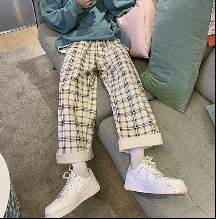 

plaid autumn wide leg women pants plus size casual loose elastic waist pockets korean style trousers harajuku, Black;white