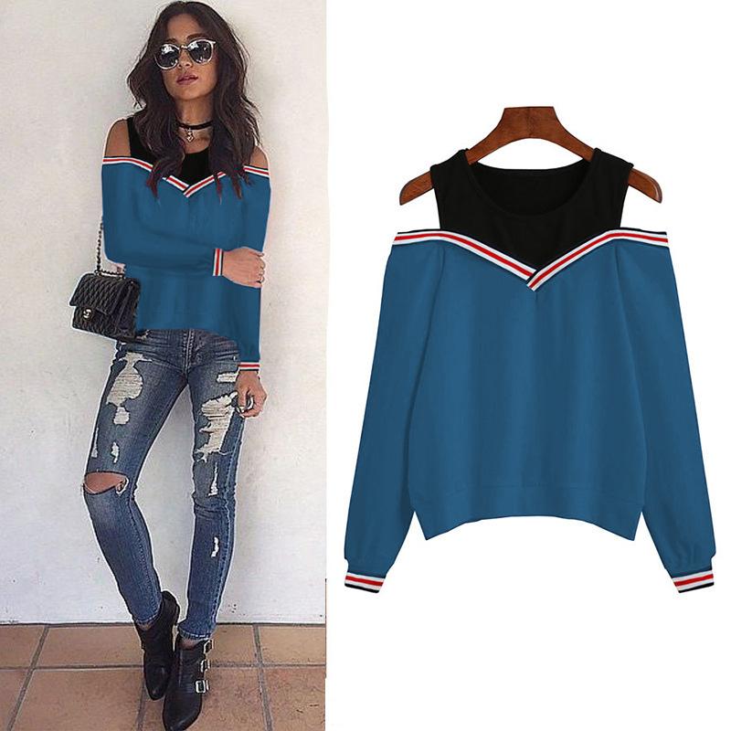 

Women' Hoodies & Sweatshirts 2021 Fashion Strapless Casual Pullover Spring And Autumn Long-sleeved Stitching Sweatshirt Tops, Blue