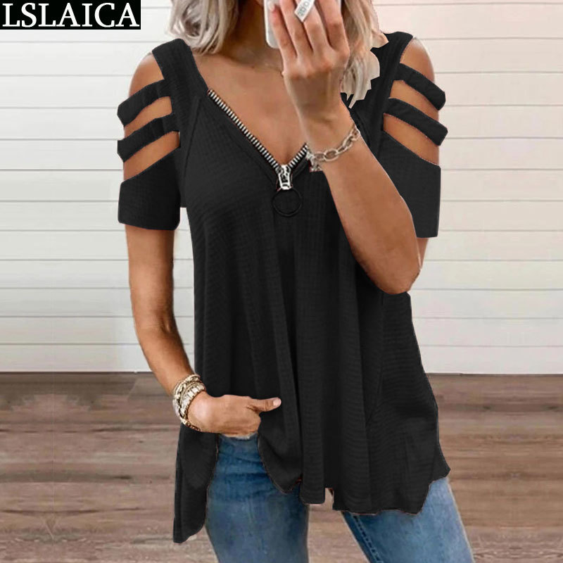 

Plus Size -5xl Blouses Women Short Sleeve Solid Color Zipper Design VNeck Tops Spring Autumn Casual Fashion ' Shirt 210520, Black