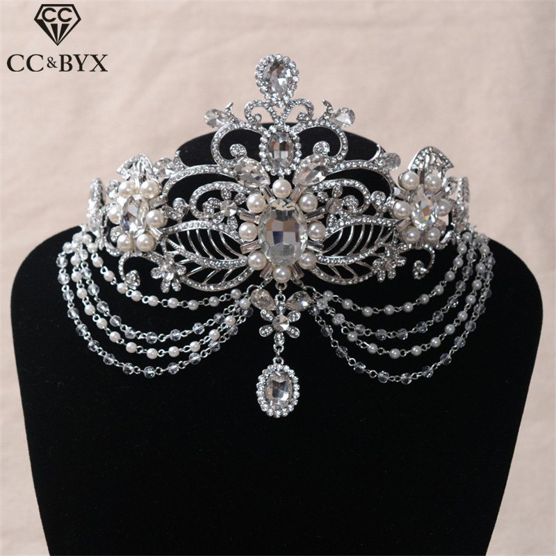 

CC crowns tiaras hairbands frontlet rhinestones pearl pageant wedding hair accessories for bridal water drop party jewelry HG382