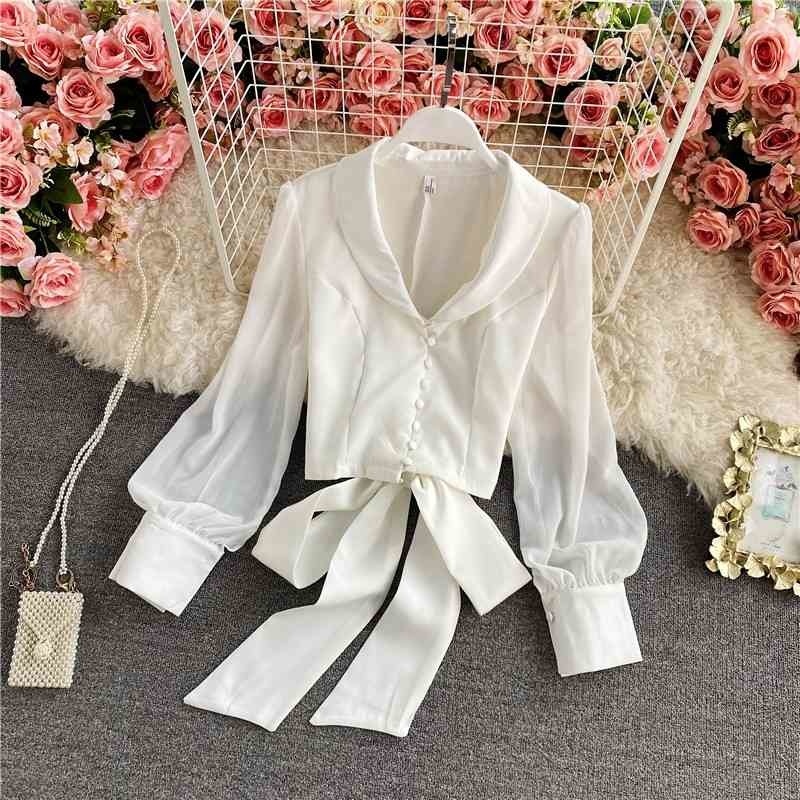 

Spring and autumn foreign style puff sleeve shirt female design sense waist temperament lace bow long short top 210525, Black