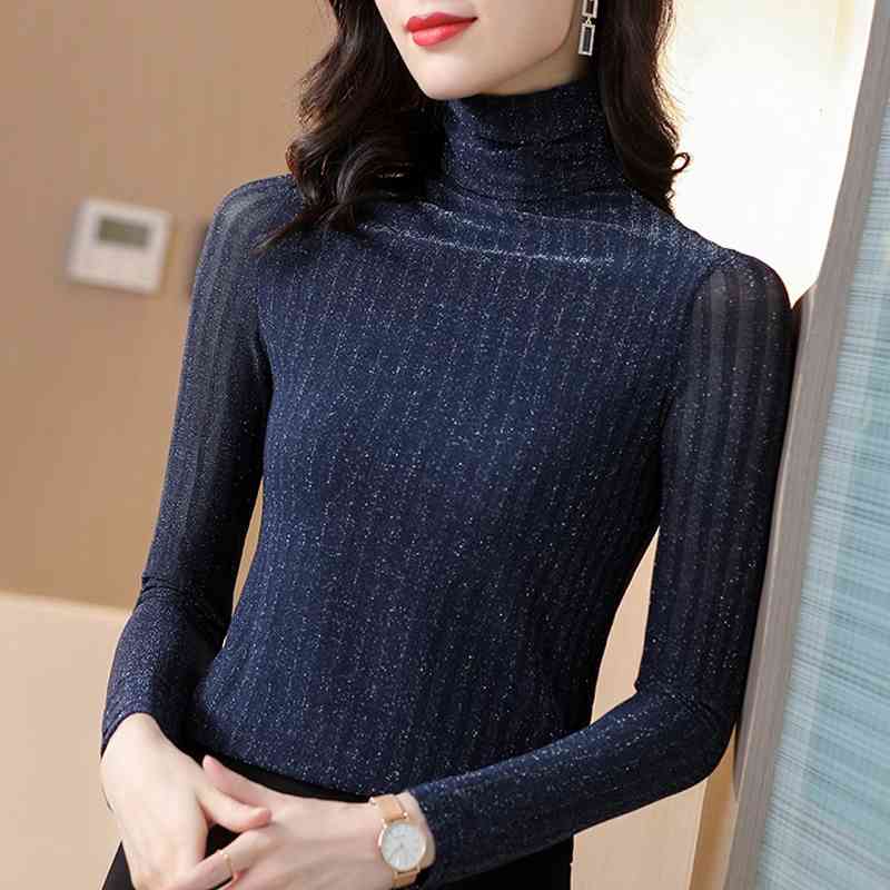 

Long Sleeve Blue Elasticity Turtleneck Blouse Shirt Tops Women Blouse Women Blusas Mujer De Moda Women Clothing Blusa D985 210602, Dark blue