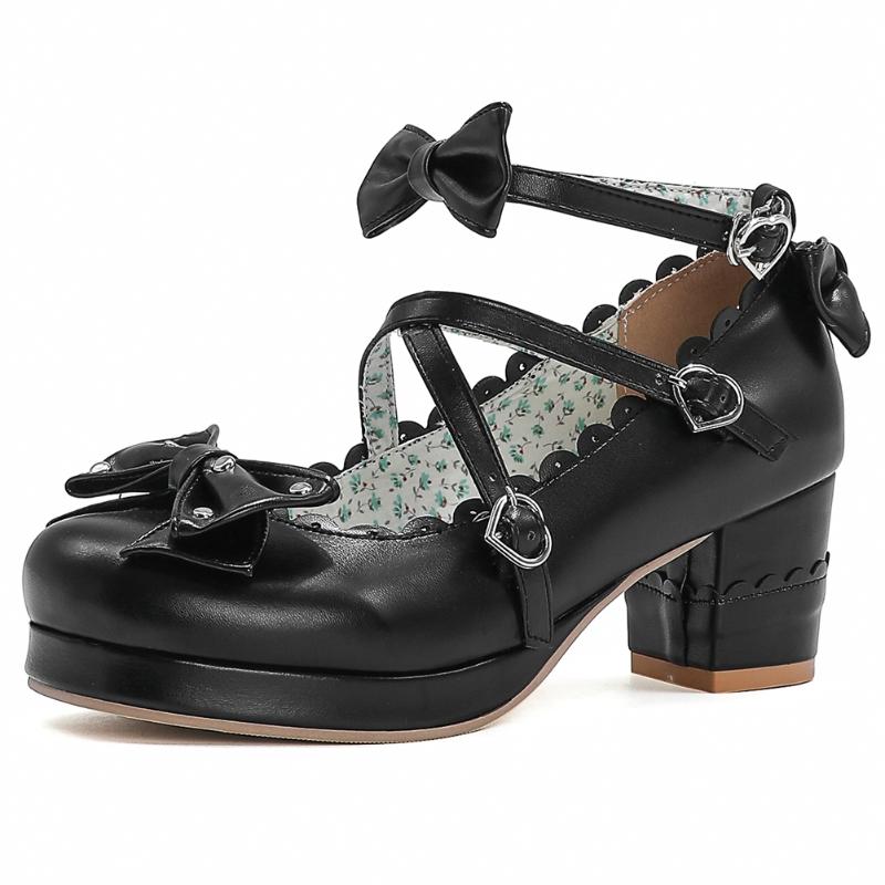 

Lolita Sweet Girls Buckles Bow Knot Cute Mary Janes Lovely Platform Shoes Woman Chunky Heels Pumps PlusSize 48 Dress, Black