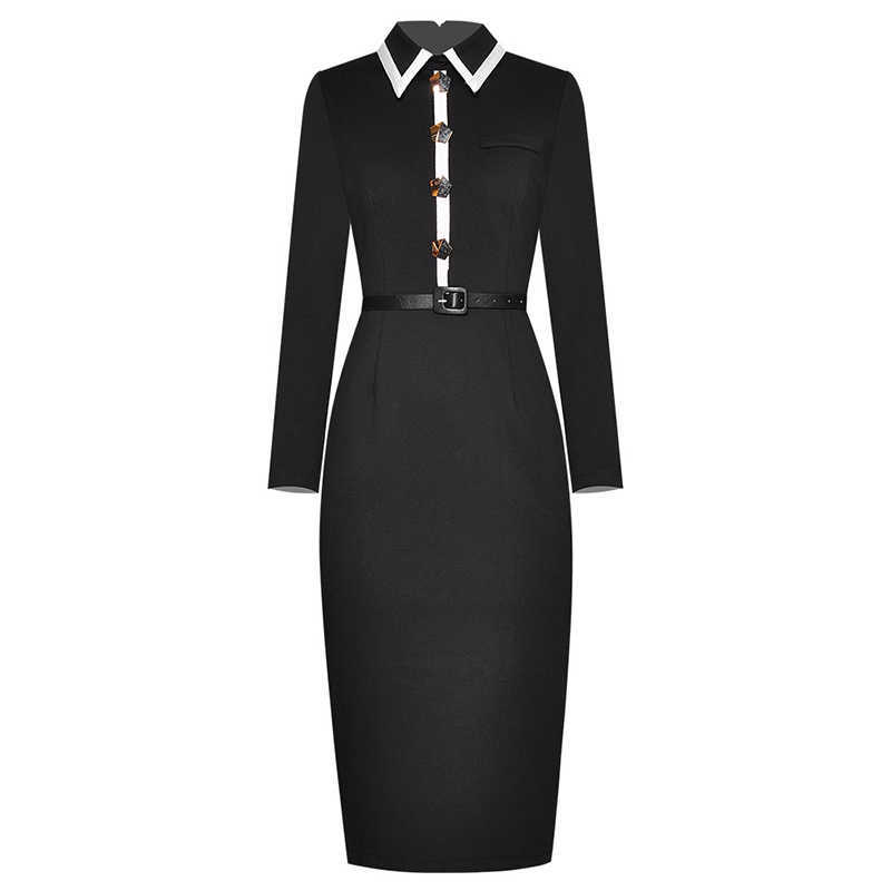 

HIGH QUALITY est Fashion Runway Dress Women's Long Sleeve Color Block Shirt Collar Pencil 210526, Blue
