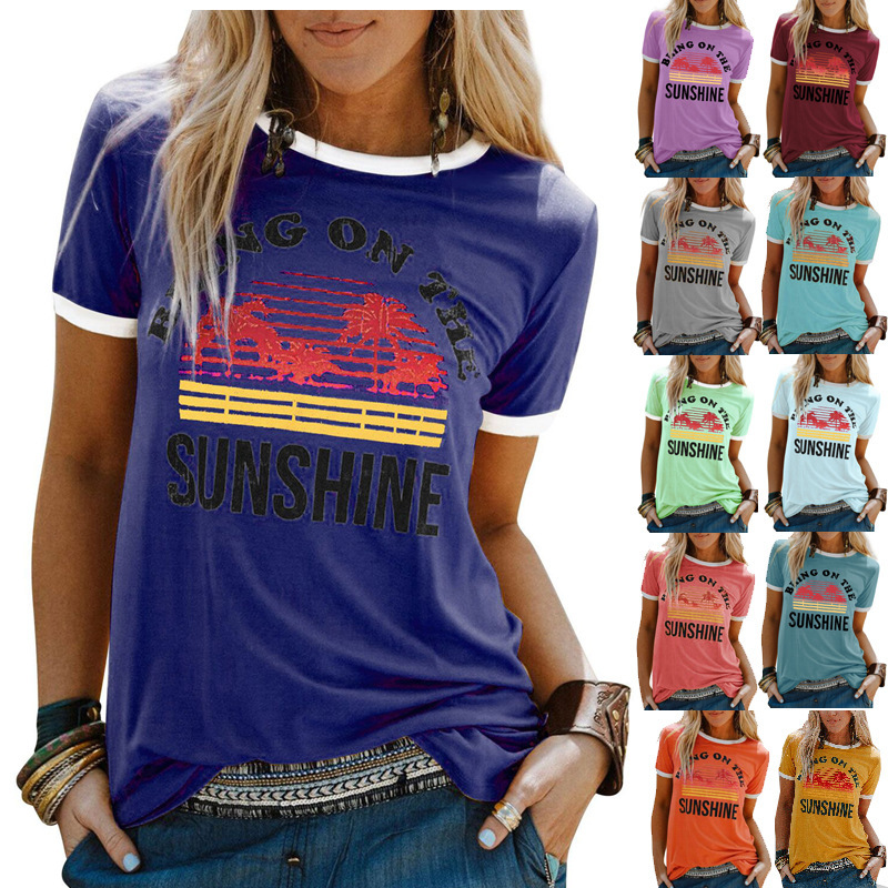 

2021 new round neck loose letter print casual short sve print t-shirt for women, White