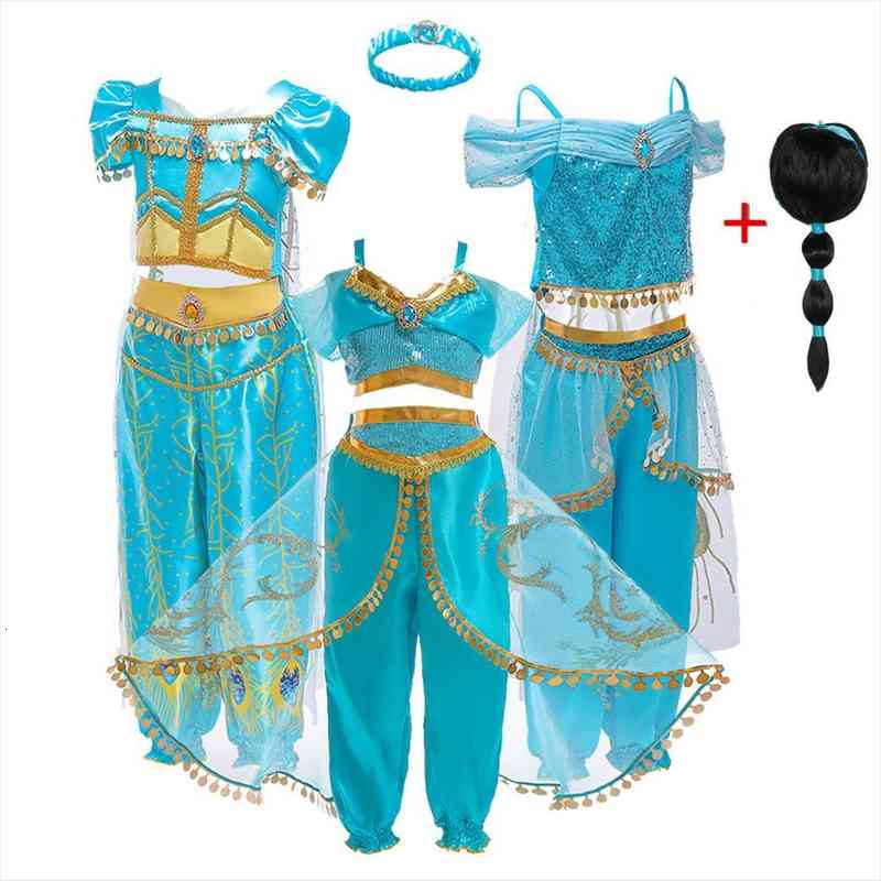 

Girls Jasmine Up Clothes Kids Girl Dress Carnival Party Costume Children Aladdin Blue Green Princess Fancy Cosplay Halloween Dresses, Red;yellow