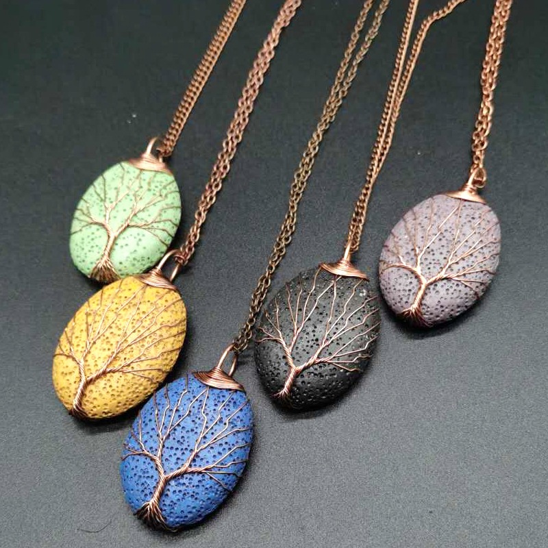 

Hand Wrapped Silver Copper Wire Dye Lava Stone Pendant Necklace for Gift