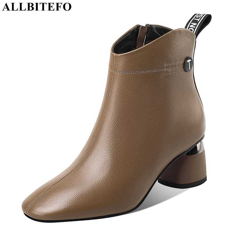 

ALLBITEFO size 34-41 genuine leather square toe brand high heels ankle boots for women winter warm snow women boots girls boots 210611, No plush inside