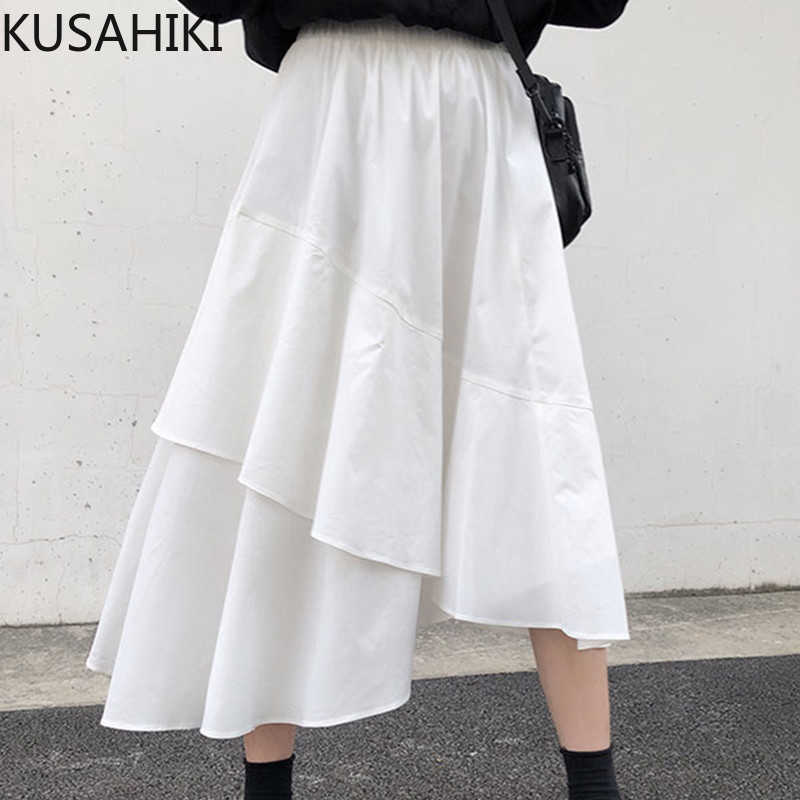 

KUSAHIKI Irregular Ruffle Patchwork Women Skirt Causal High Waist A-line Mid-calf Skirts Spring Summer Faldas 6F464 210602, White