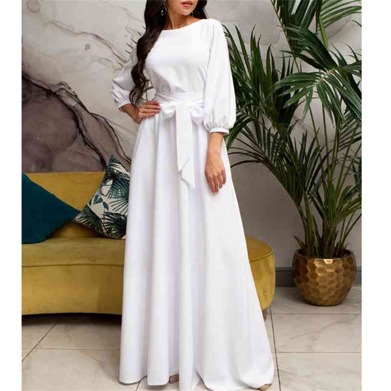 

Women Maxi Dress O Neck Long Lantern Sleeve High Waist with Belt Elegant Celebrate Prom Classy Robes Gowns Female Vestidos 210513, White