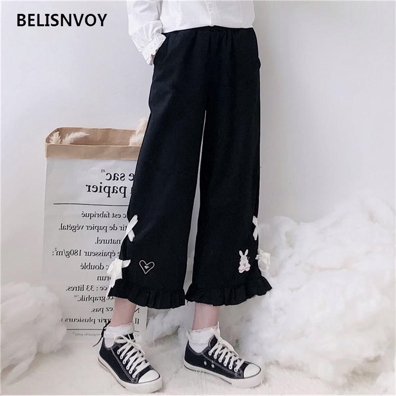 

Japanese Autumn Women Lolita Pants Embroidery Heart Anime Bow Capris Cute Kawaii Ruffles Wide Leg Trousers Preppy 210520, Dark blue