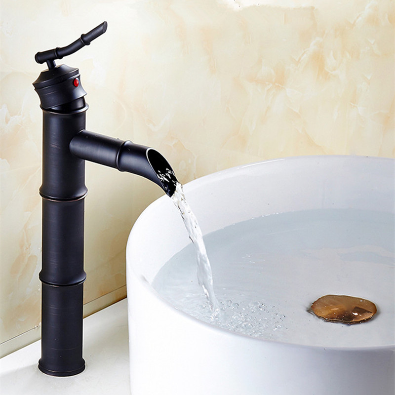 

Bathroom Sink Faucets Basin Black Brass Bamboo High Arch Waterfall Faucet 1 Lever Oil Rubbed Bronze Hot Cold Mixer Taps Xwb7