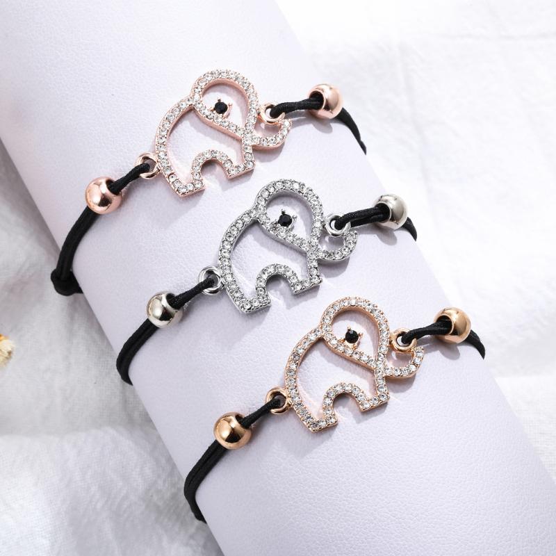 

Charm Bracelets Small Rhinestone Elephant Female Gift Black Elastic Handmade 15-22 Adjustable Bracelet Trendy Jewelry For Women