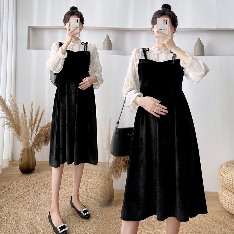 

Maternity Dresses 5550# Autumn Spring Korean Fashion Patchwork One Piece Dress Chic Ins A Line Slim Clothes For Pregnant Women Pregnancy, Black
