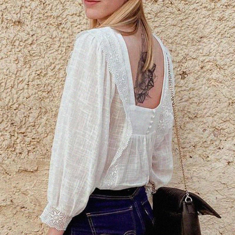 

Women's Blouses & Shirts Lace Shirt Woman Patchwork Backless Buttons Elegant White Ruffles Blouse 2021 Dignified Camisas Mujer Chemisier Fem