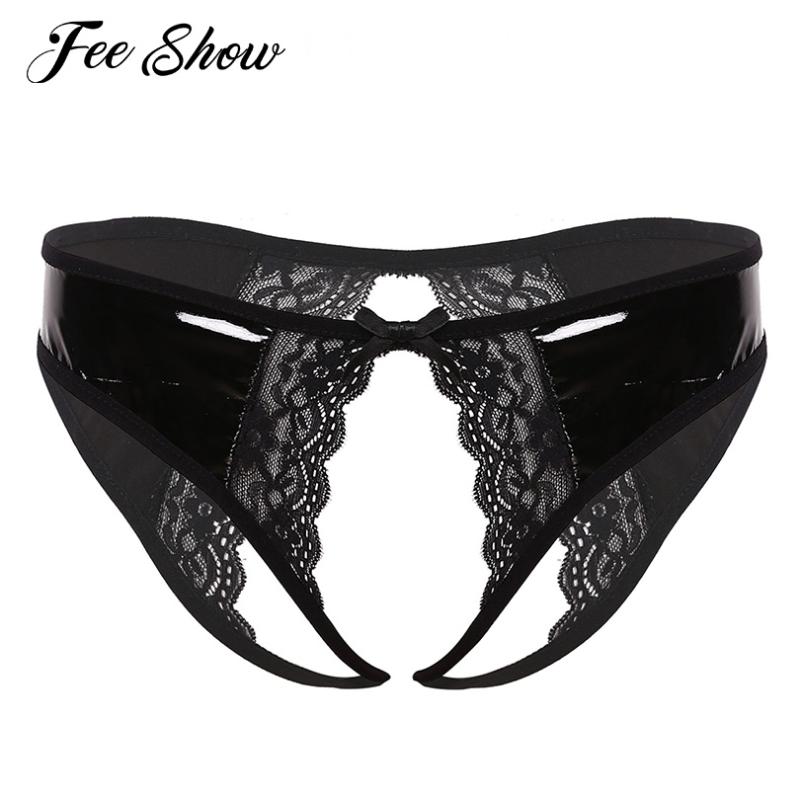 

Women' Panties Women Exotic Lingerie Erotic Sexy Open Crotch Porn Floral Lace Edge Underwear Wet Look Patent Leather Crotchless Briefs, Black
