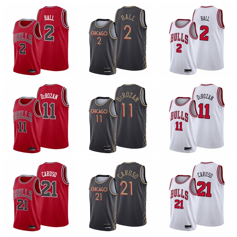 

ChicagoBullsMen Basketball DeMar DeRozan 11 Lonzo Ball 2 Alex Caruso 21 2021 Trade Black Edition City Jersey