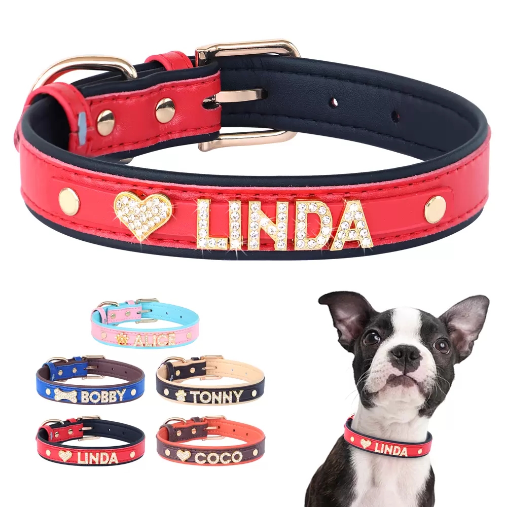 

Personalized Name Tag Dog Collars DIY Rhinestone Bling Charm Pet Custom ID Nameplate Soft Leather Puppy Cat Dog Collar for Small Medium Large Dogs L B62