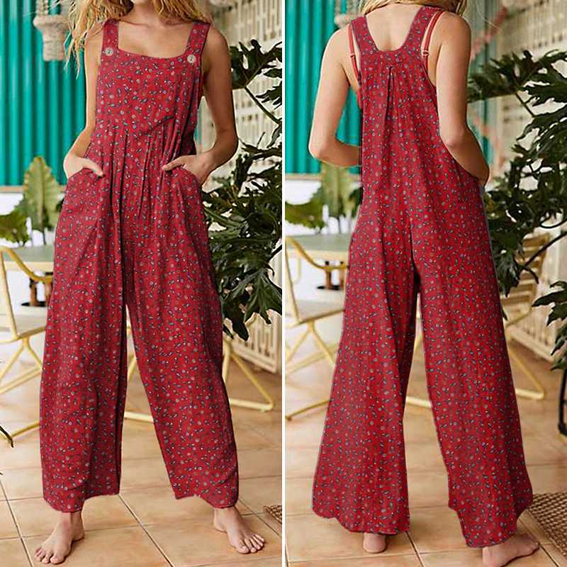 Women Long Rompers High Waist Floral Print Elegant Vintage Playsuit VONDA Summer Sexy Sleeveless Jumpsuits Plus Size Overalls-image-709232826