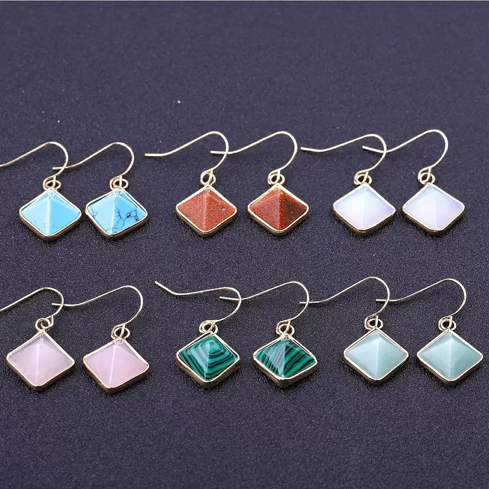 

Natural Stone Pyramid Drop Earring Gold Color Geometric Quartz Dangle Earring Malachites Purple Crystal Earrings for Ear Jewelry