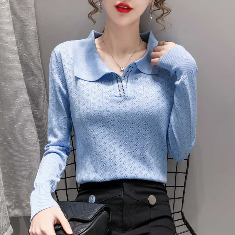 

casual Women Sweater turn-down collar Knitted Striped SWEATER Long Sleeve Spring autumn office Sweater female 210604, Black