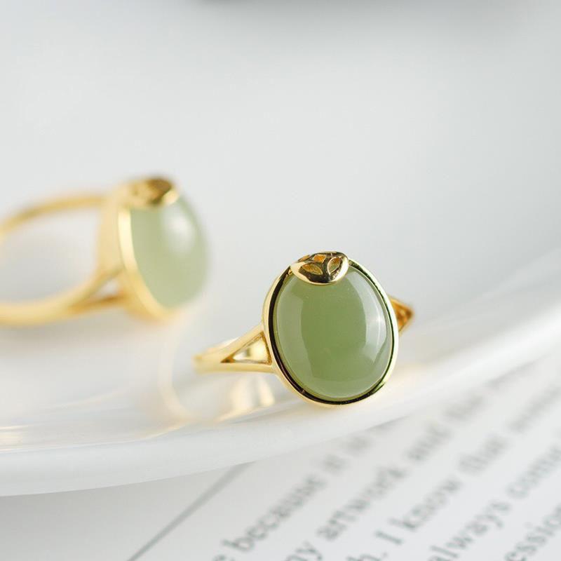 

Cluster Rings Lucky Ring High Head Hetian Jade Gray Oval Egg Noodle Sterling Silver Gold Plated Coin Open Women