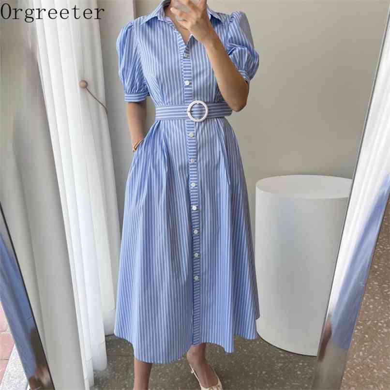 

Striped Long Shirt Dress Women's Summer Laple Single Breasted Puff Sleeve Mid-calf Dresses With Belt 210602, Blue