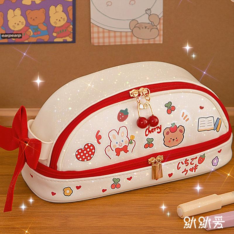 

Large-capacity Pencil Case With Bow Printing Diy Sticker Double-layer Storage Bag Makeup School Supplies For Girl Kids Gift Cosmetic Bags