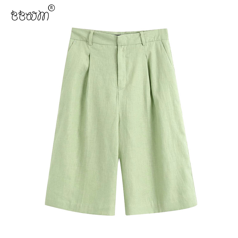 

Women Elegant Fashion Side Pockets Linen Shorts Vintage Ladies High Waist Zipper Fly Short Pants Female Chic Pantalones 210520, As picture
