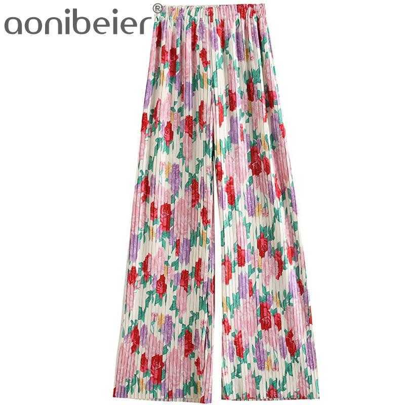 

Summer Fashion Flowers Print Loose Pleated Pants Elastic High Waist Casual Women Wide Leg Female Long Trousers 210604, 01