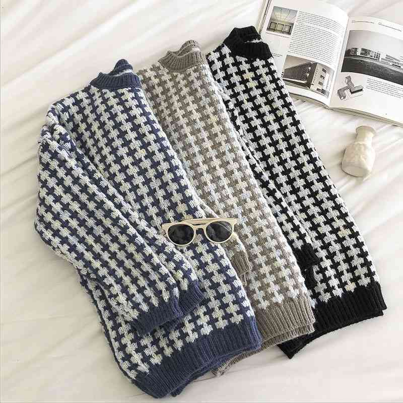 

Women's Plaid Sweater Auutmn Winter Long Sleeved Loose Korean Oversized Pullover Tops Woman Vintage Knitted Sweaters 210602, Blue