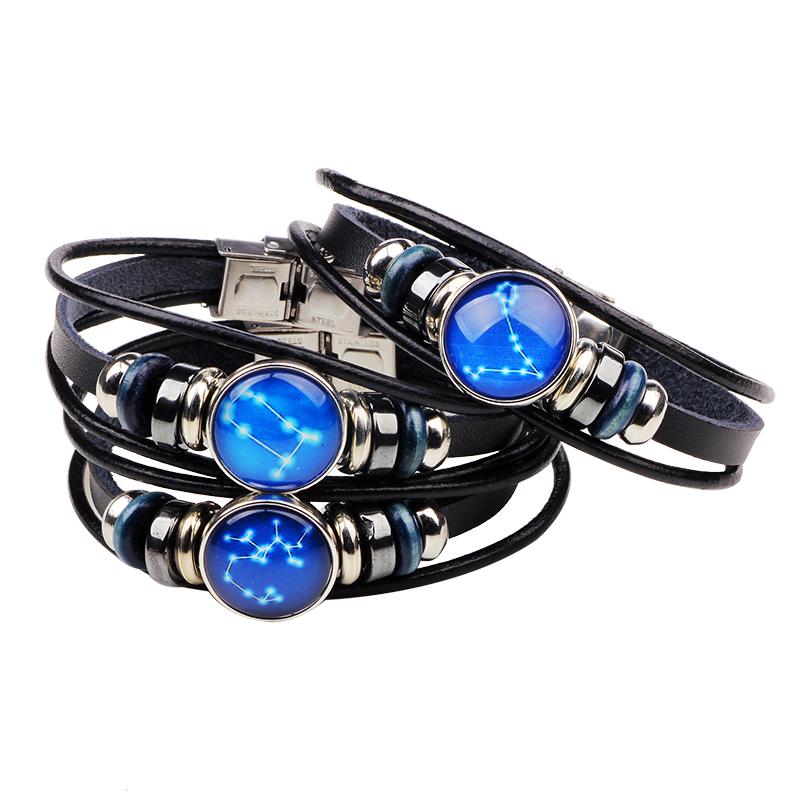 

Charm Bracelets Arrival Twelve Constellations Bracelet For Women Men Leather Jewelry Fashion Genuine Glass Buckle, Golden;silver