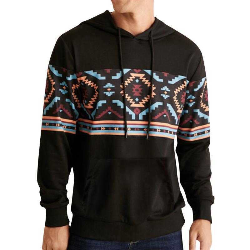 

Men's Hoodies & Sweatshirts Muqgew Geometric Print Hooded Sweatshirt Long Sleeve With Drawstring Pocket Pullover Casual Blouse 2022, Black