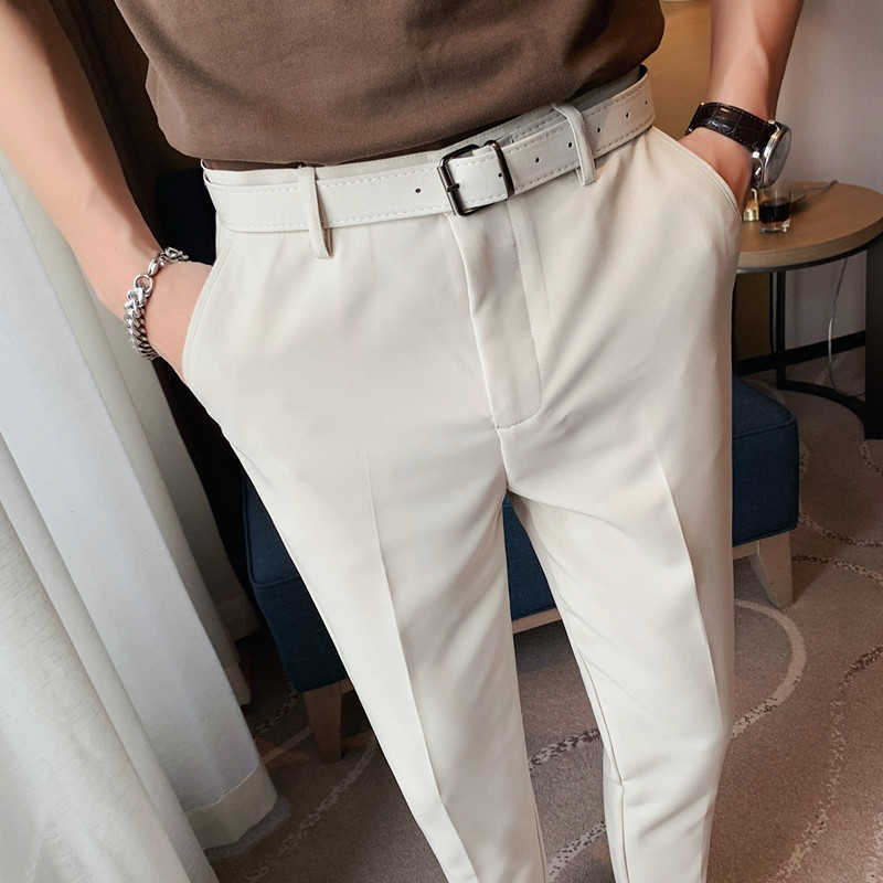 

Business Dress Pants Casual Fit Trousers Korean Solid Color Ankle Length Office Social Suit Pants Free Belt Pantalon Homme 210527, Apricot
