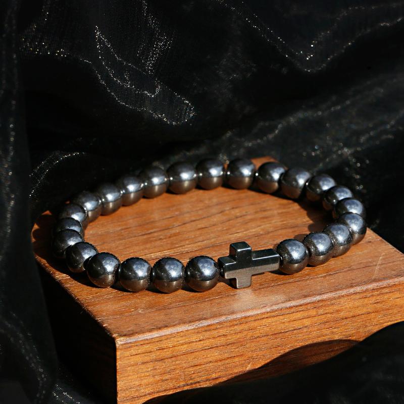 

Beaded, Strands Classic Black Cross Hematite Stone Beaded Bracelet Homme Men Charm Bracelets Tibetan Jewelry Yoga Gifts