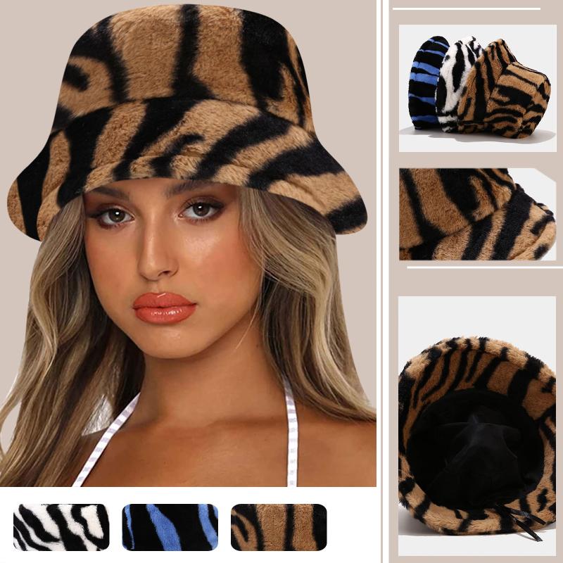 

Wide Brim Hats Winter Cow Leopard Faux Fur Fluffy Bucket Women Outdoor Warm Hat Soft Velvet Furry Fisherman Cap Girl Fashion, Brown